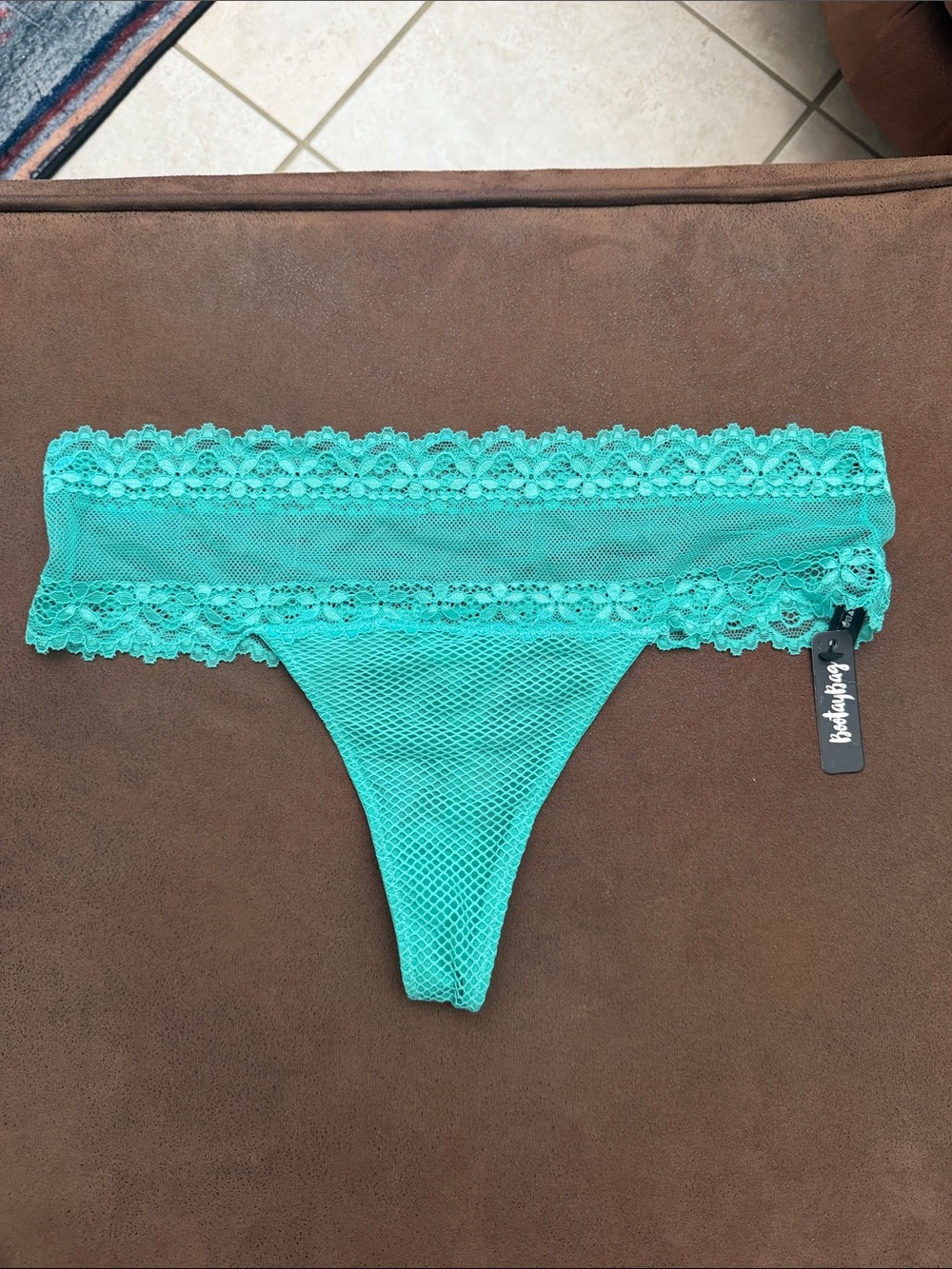 Bootable Lace-Trim Mesh Thong Panty - Teal Sz Large New with tag